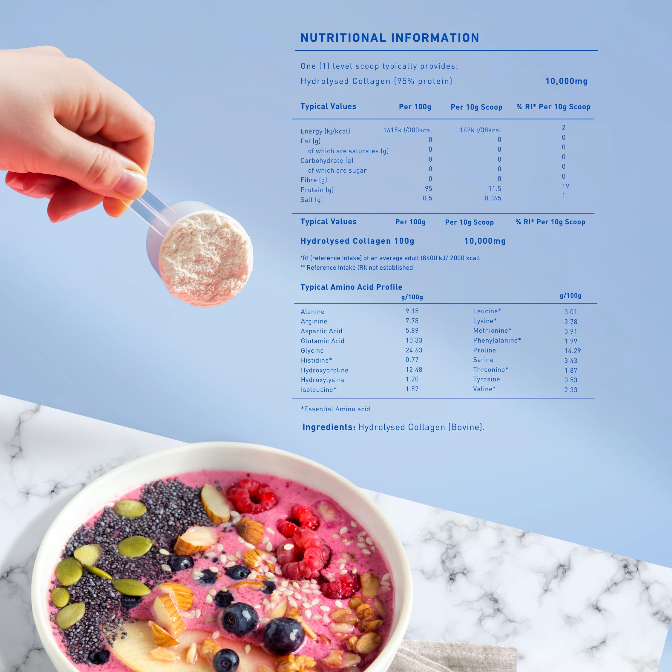 The Intelligent Health polvo neutro sin sabor, fácil de mezclar en bebidas o recetas.
