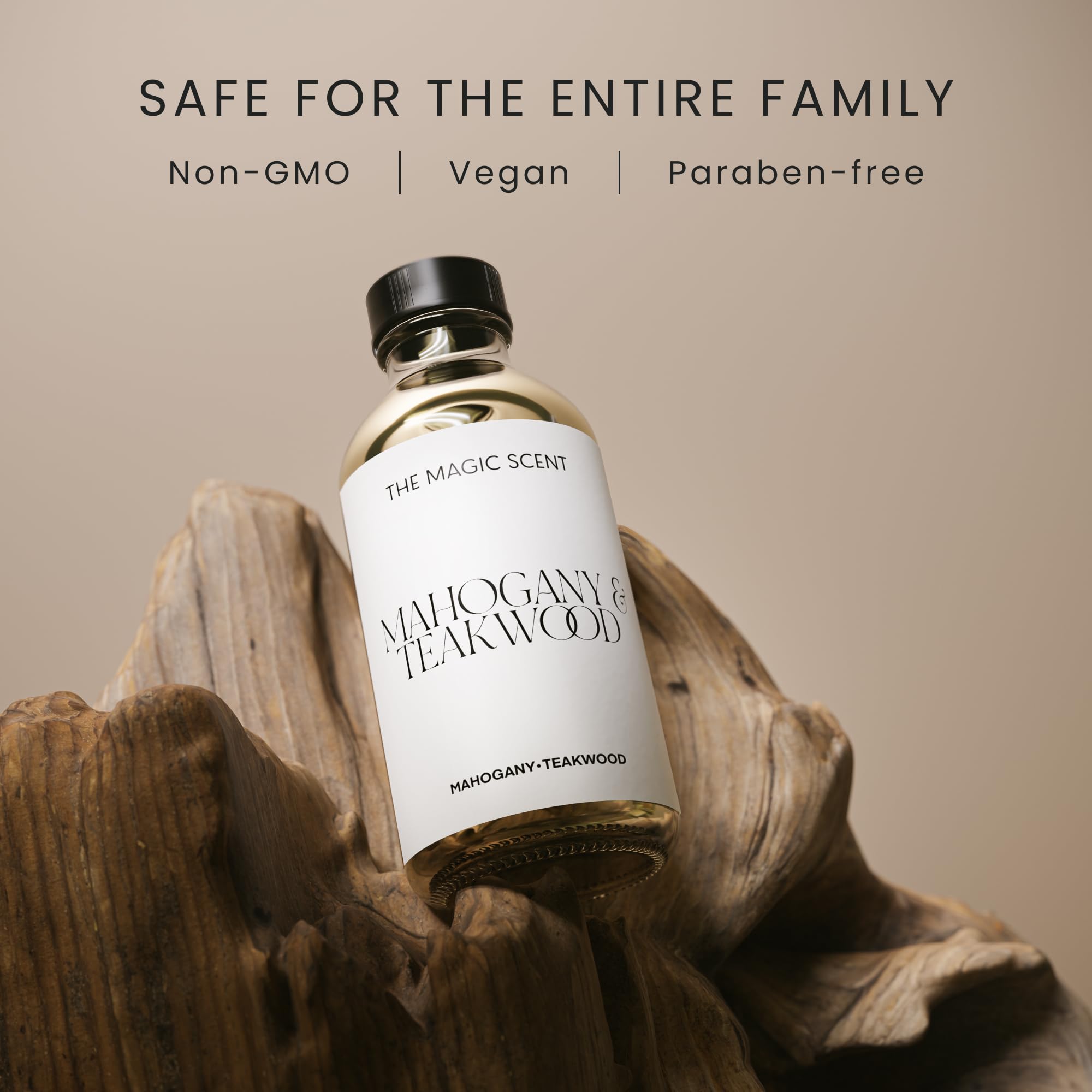THE MAGIC SCENT etiqueta del aceite, notas premium y suave.