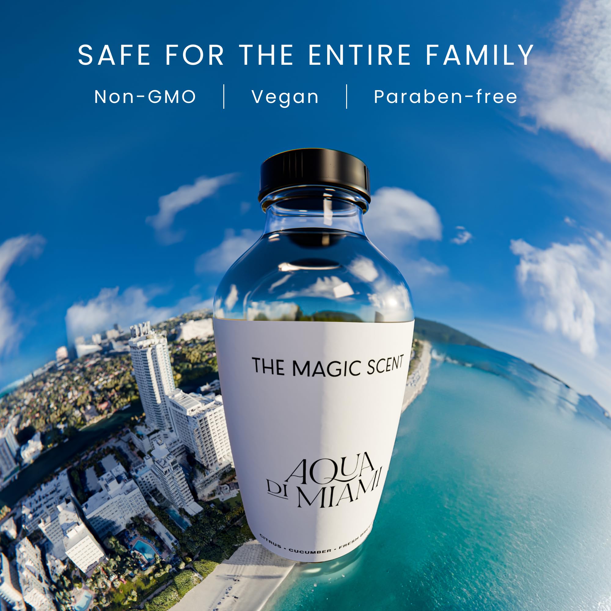 THE MAGIC SCENT Aqua di Miami, etiqueta cercana destacando el diseño del envase.