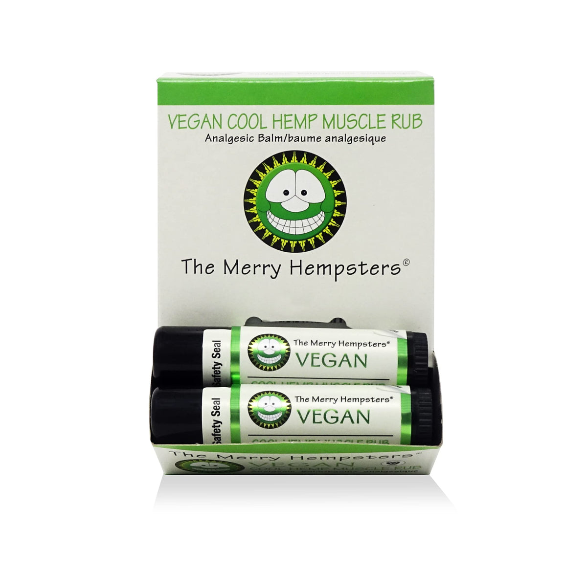 The Merry Hempsters Cool Hemp Muscle Rub en caja Gravity para exhibición.