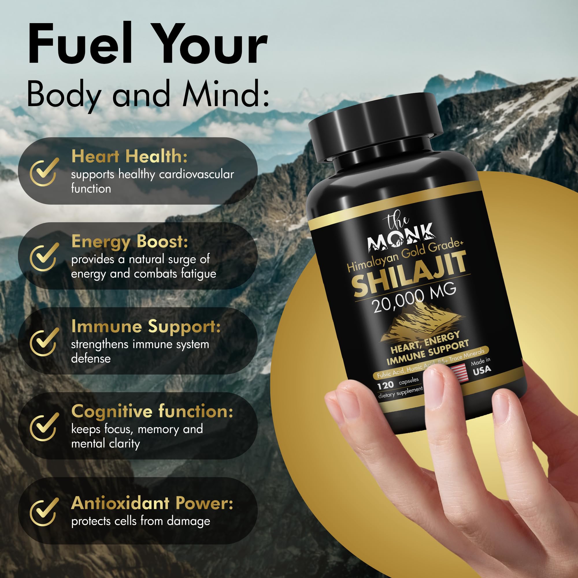 THE MONK Shilajit cápsula-en-mano, dosis diaria conveniente para energía y claridad.