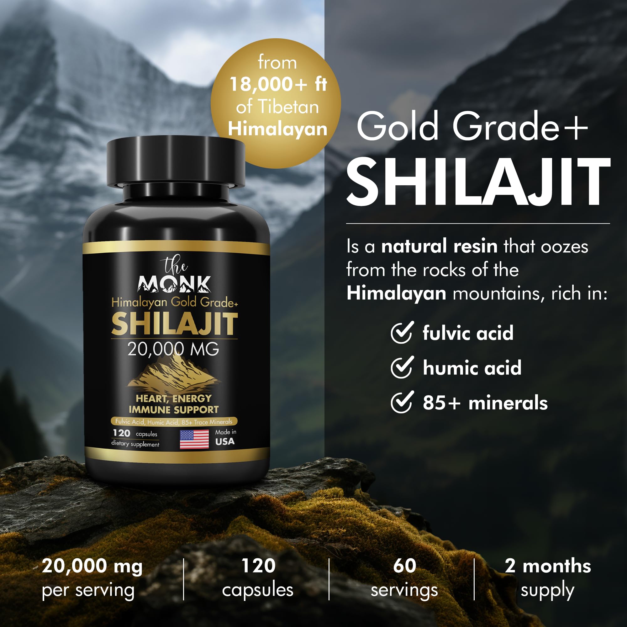 THE MONK Shilajit etiqueta-gold-grade-plus, valor premium para vitalidad y enfoque.
