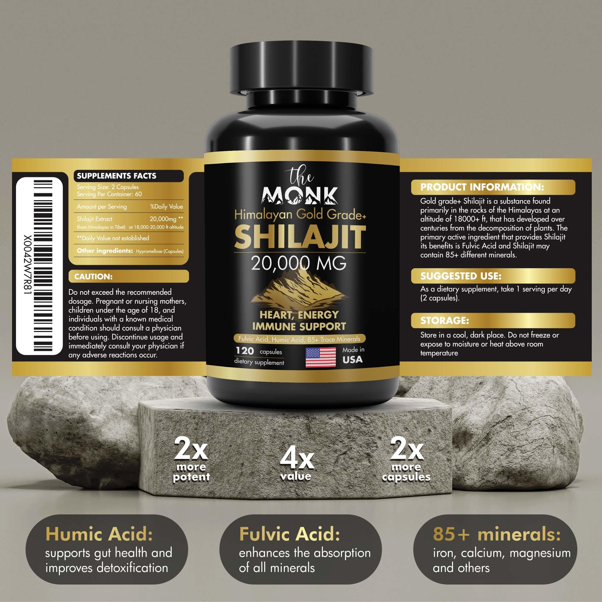 THE MONK Shilajit minerales-85+, muestra de beneficios minerales para la salud.