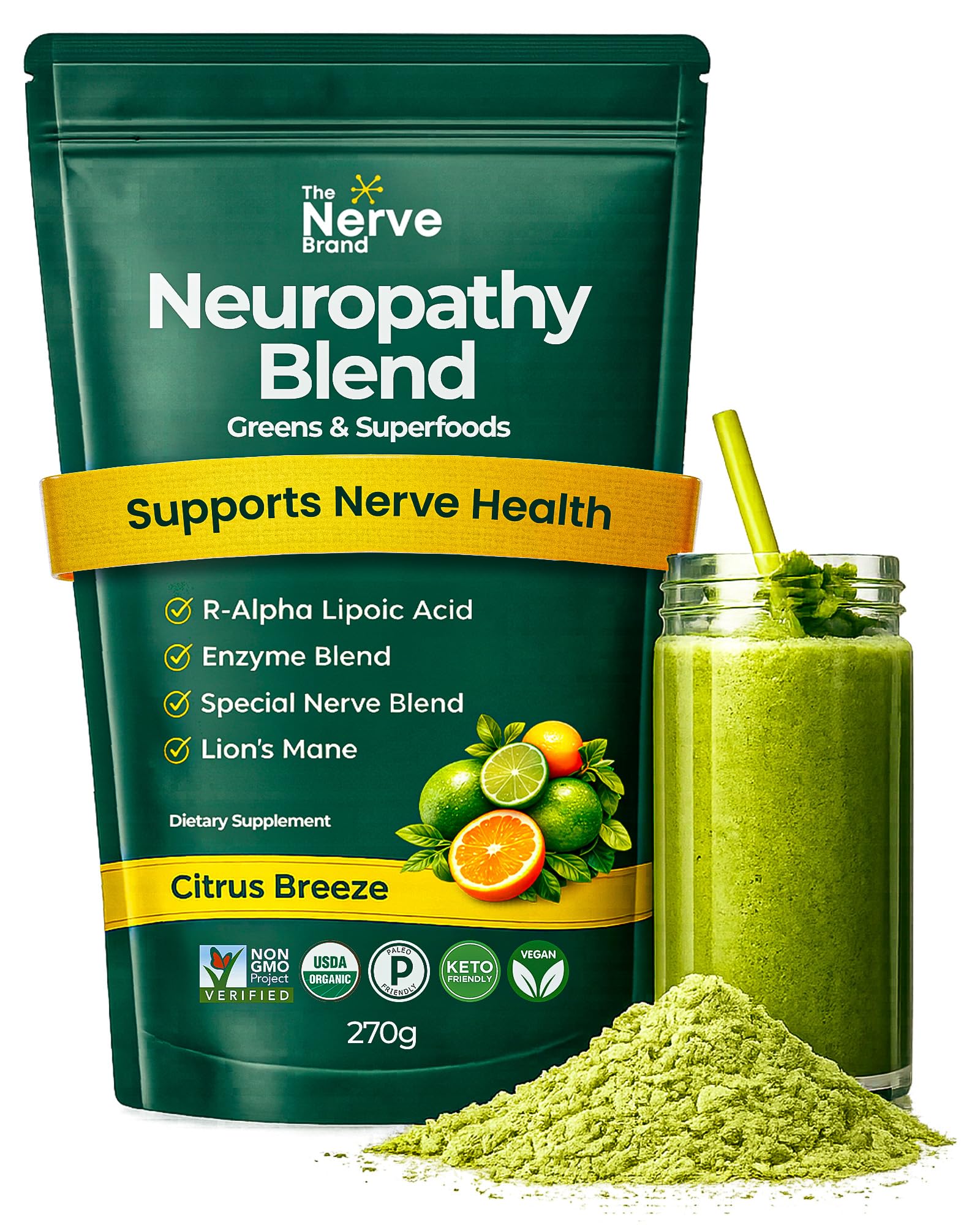 The Nerve Brand Neuropathy Superfood Blend en bote, apoyo diario.