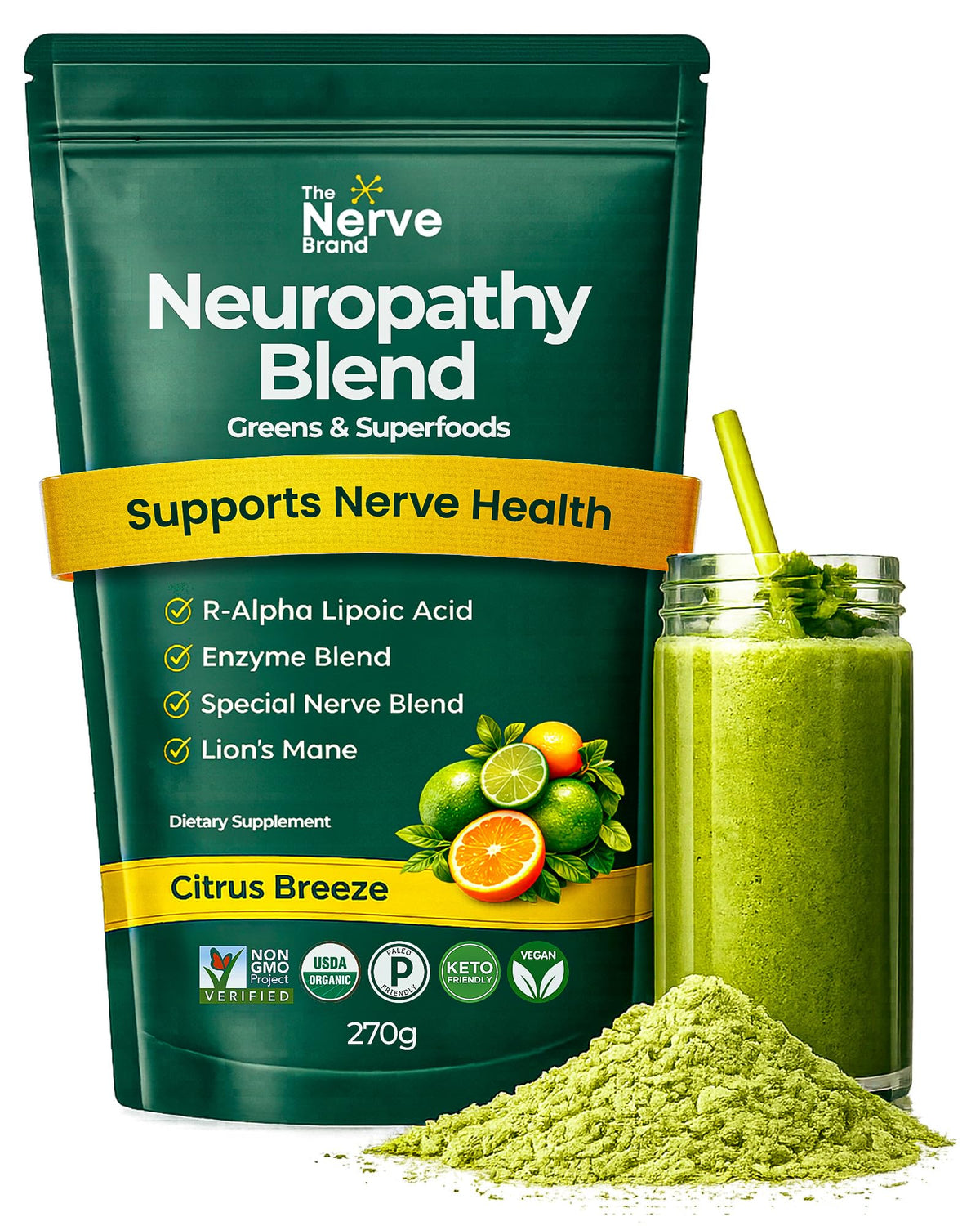 The Nerve Brand Neuropathy Superfood Blend en bote, apoyo diario.