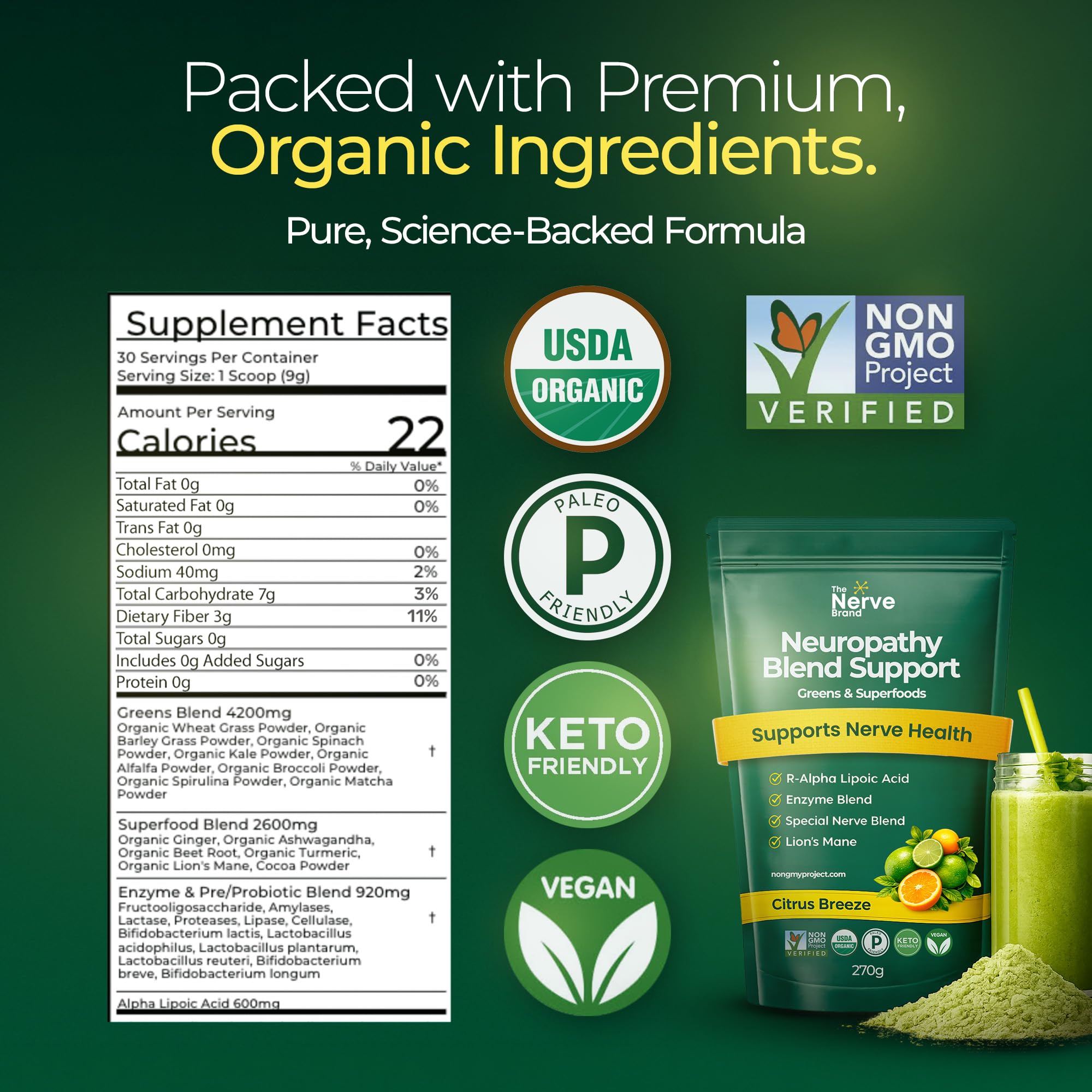 The Nerve Brand Neuropathy Superfood Blend con cuchara medidora, porciones consistentes para preparación.
