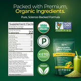 The Nerve Brand Neuropathy Superfood Blend con cuchara medidora, porciones consistentes para preparación.