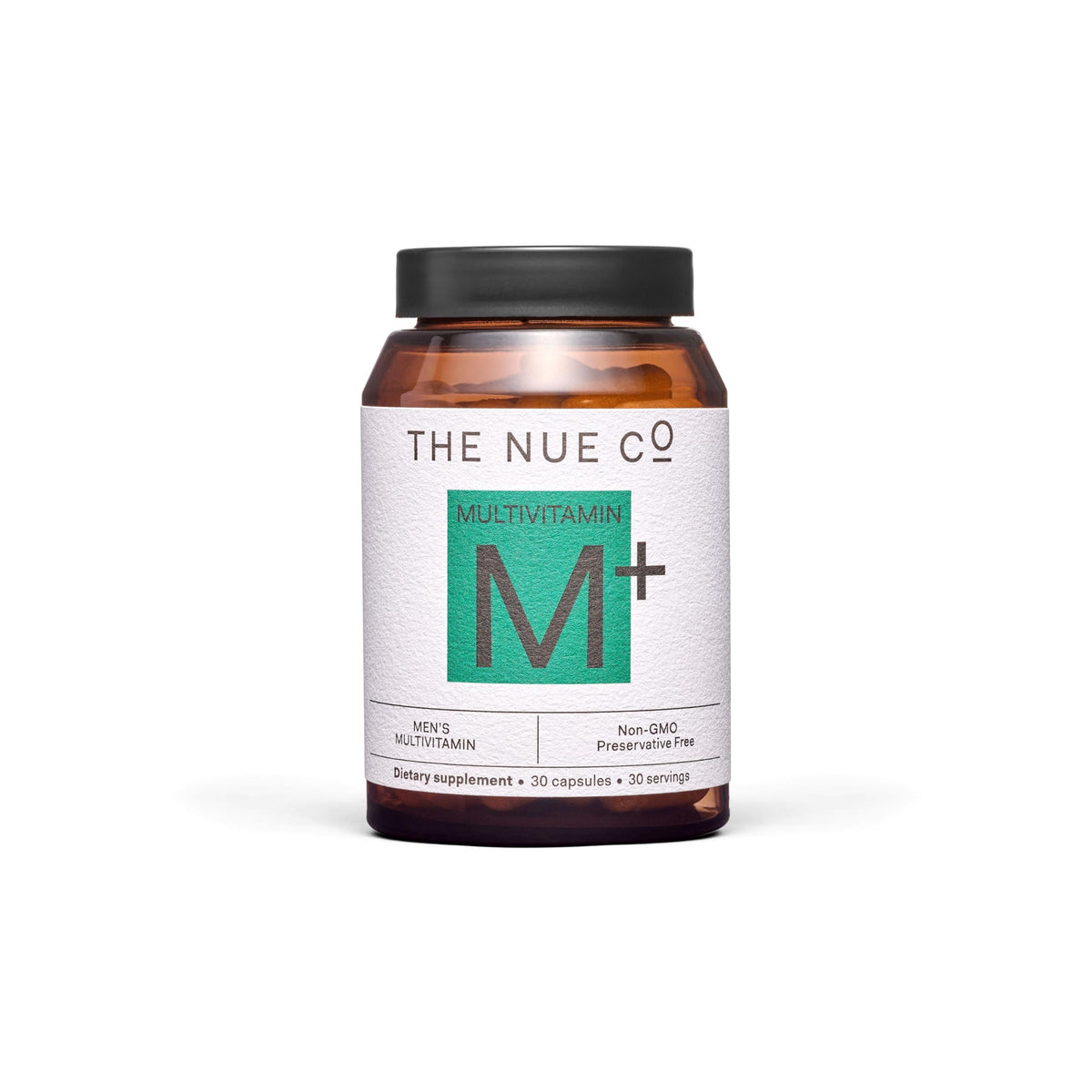 The Nue Co MEN'S MULTI VITAMIN, bote frontal, potencia energía y enfoque diario.