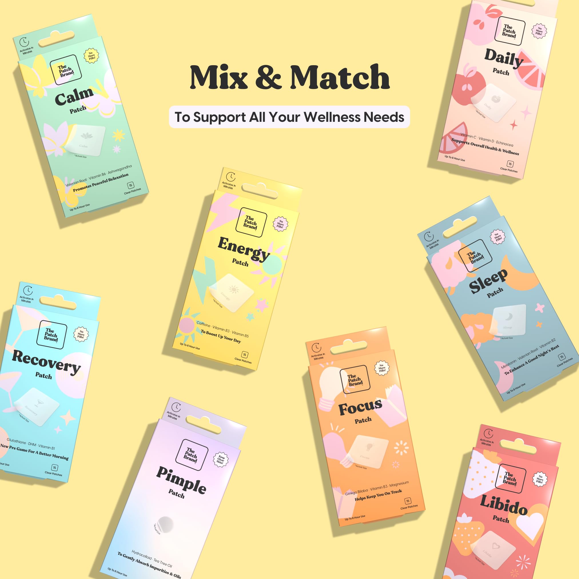The Patch Brand Energy Patches, ingredientes clave como cafeína y vitaminas.