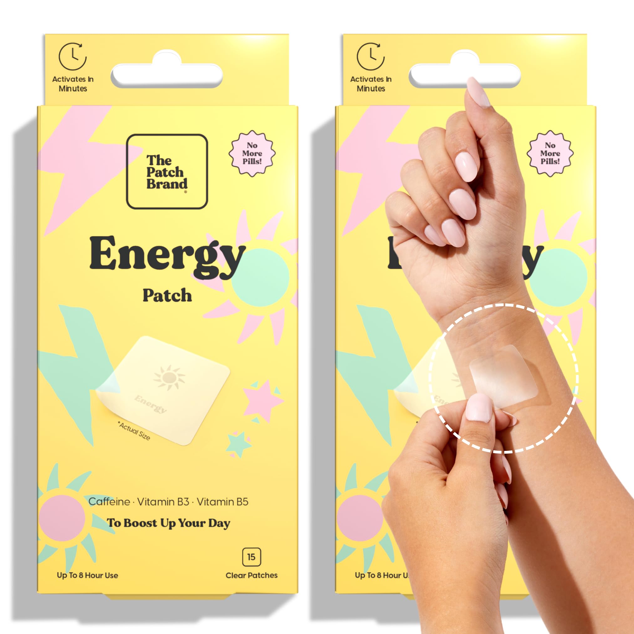 The Patch Brand Energy Patches, vista cercana del parche sobre la piel para energía sostenida.