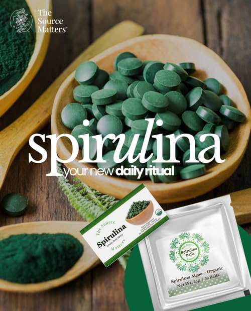 THE SOURCE MATTERS espirulina ingredientes clave, con B12 y hierro para vitalidad.