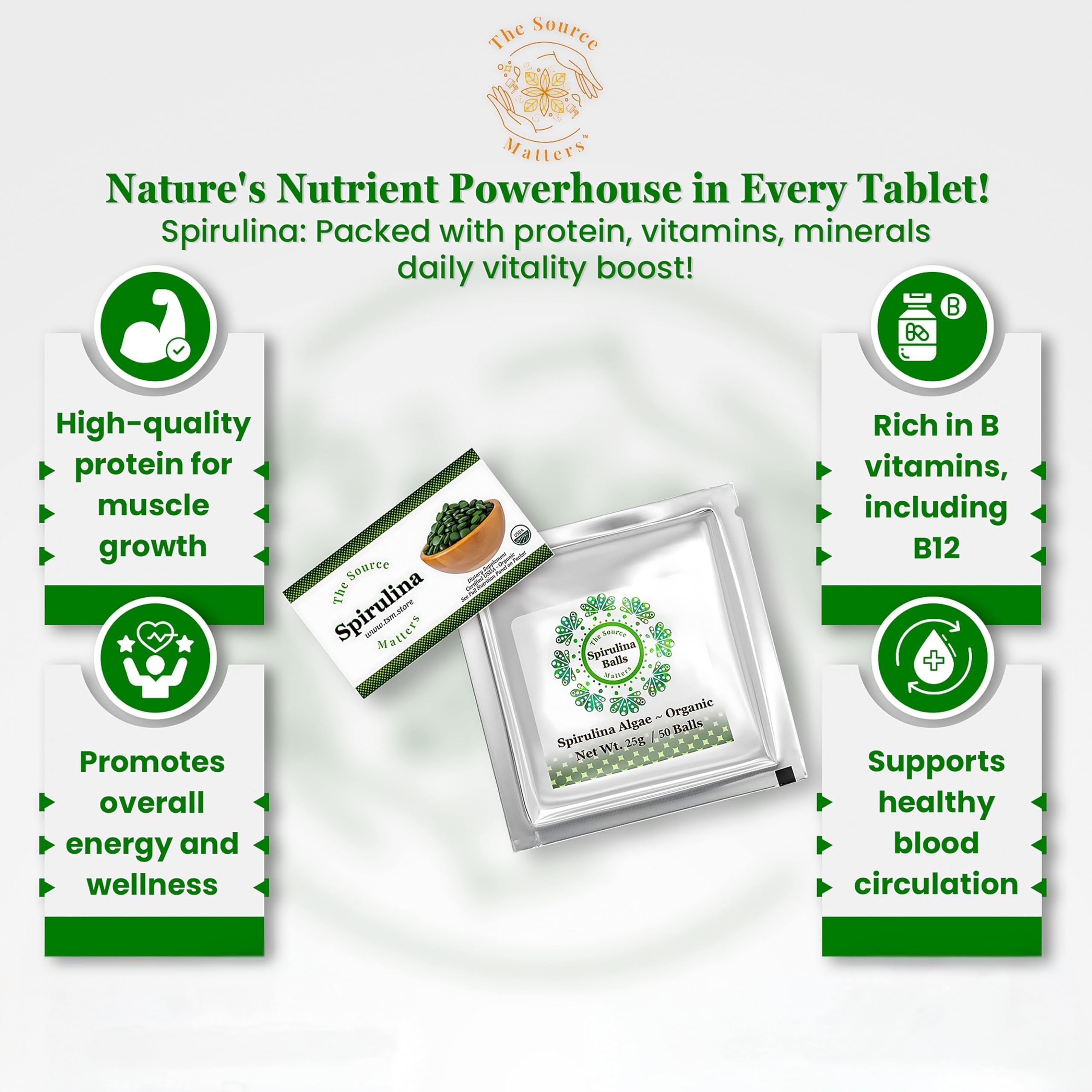 THE SOURCE MATTERS espirulina tabletas 50 organicas, fuente de proteína para energía diaria.