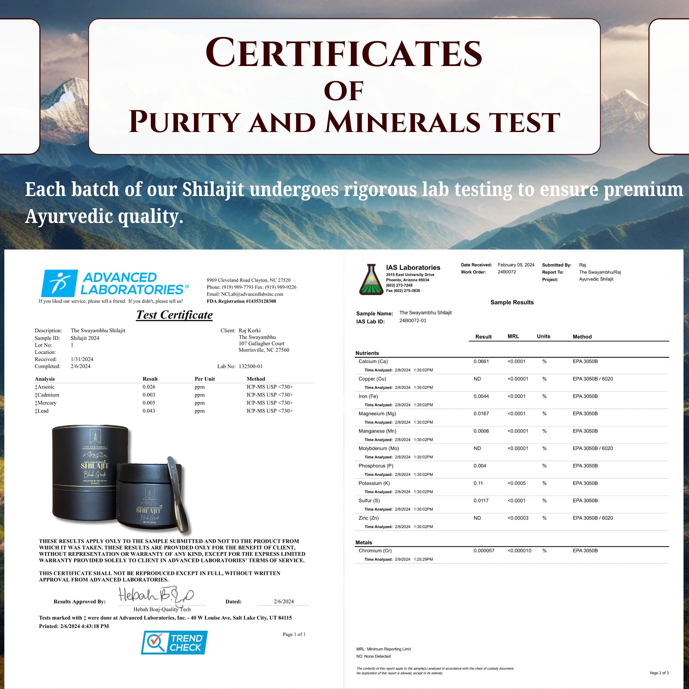The Swayambhu SHILAJIT pruebas de laboratorio aseguran pureza y potencia.