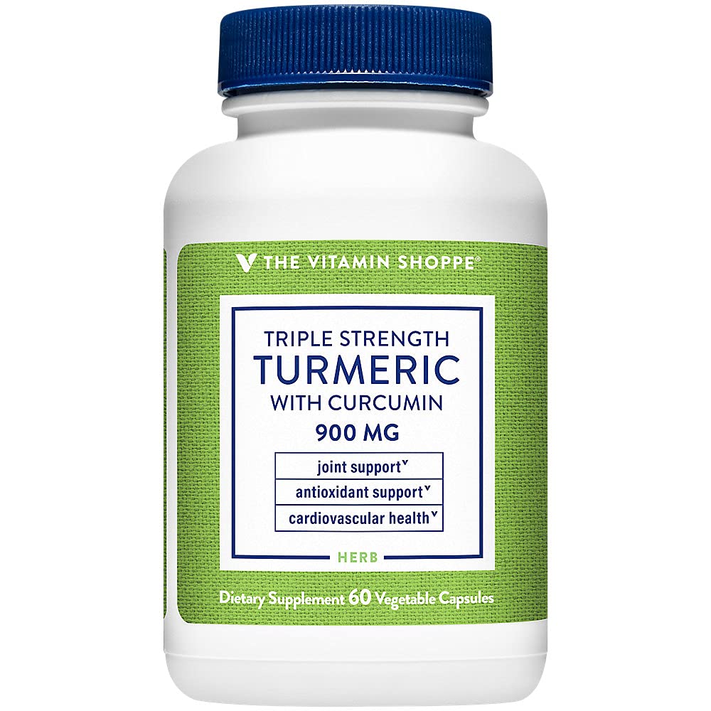 The Vitamin Shoppe Turmeric Curcumin 900MG: cápsulas en botella para uso diario.