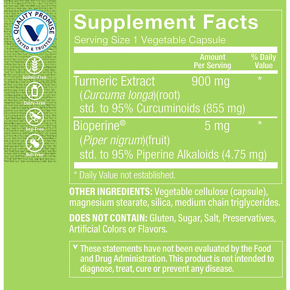 The Vitamin Shoppe Turmeric Curcumin 900MG: etiqueta del producto resalta curcuminoides y beneficios.