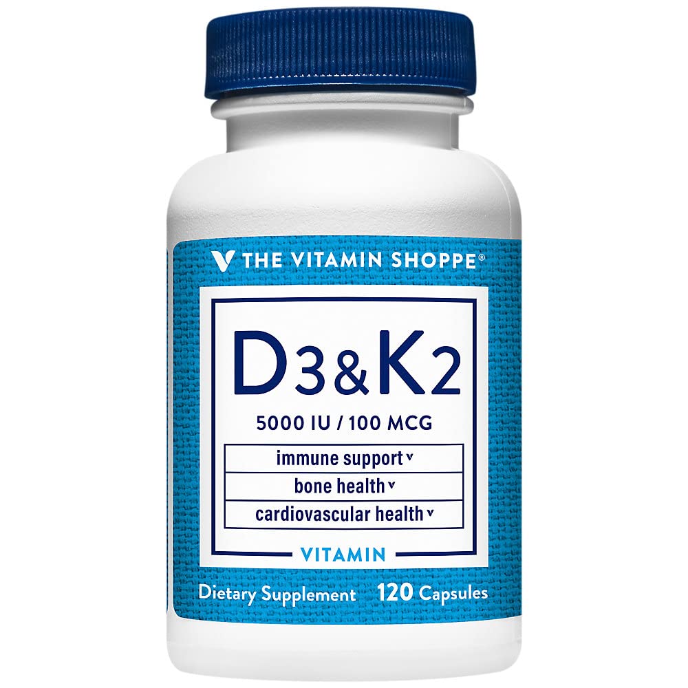 The Vitamin Shoppe Vitamina D3 K2 5000 UI, bote de cápsulas para soporte óseo