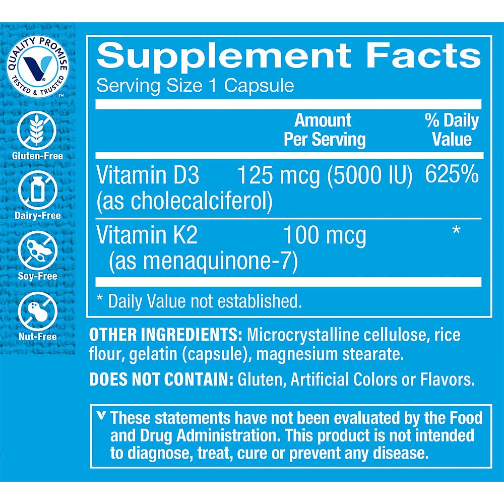 The Vitamin Shoppe Vitamina D3 K2 5000 UI, etiqueta frontal que transmite claridad de uso