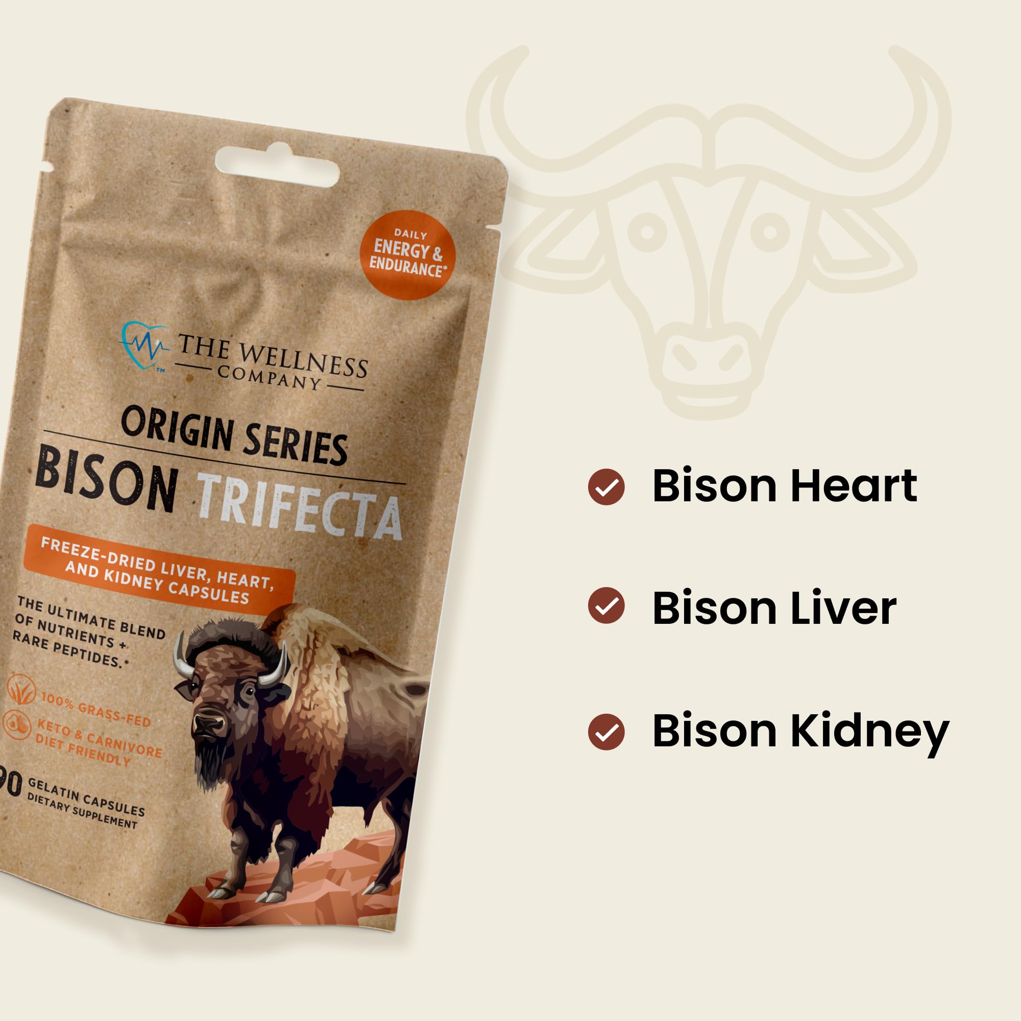 The Wellness Company Bison Trifecta: etiqueta que destaca ingredientes no-GMO y sin gluten