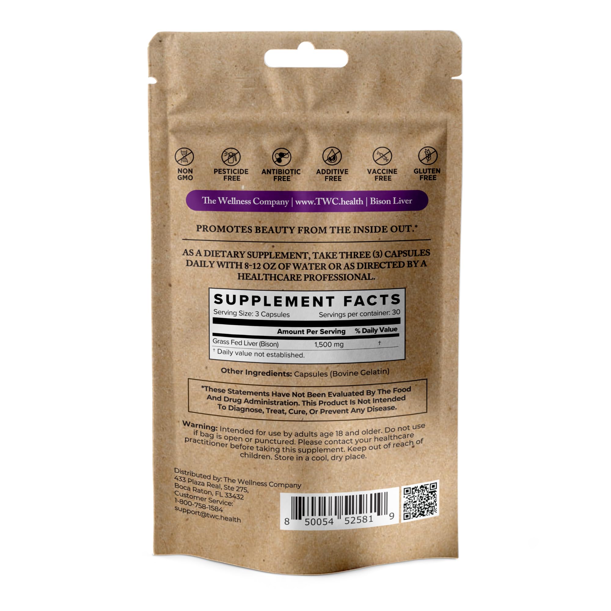 The Wellness Company Higado de bison frasco: dosis diaria para metabolismo y energía.