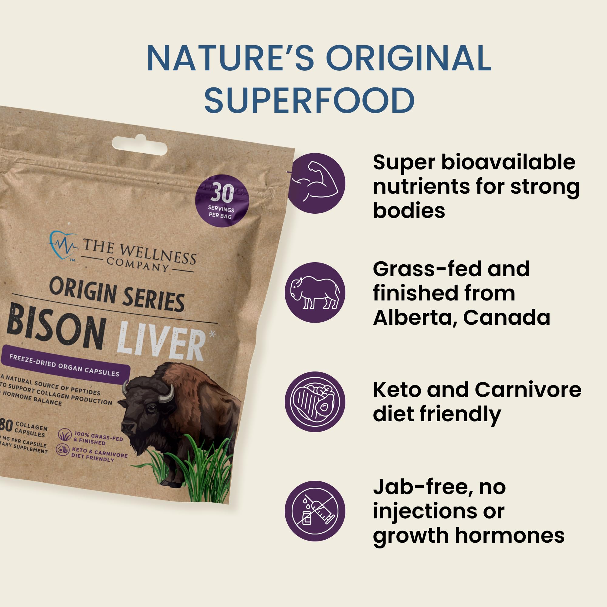 The Wellness Company Higado de bison detalle nutricional: aporta nutrientes para piel y energía.