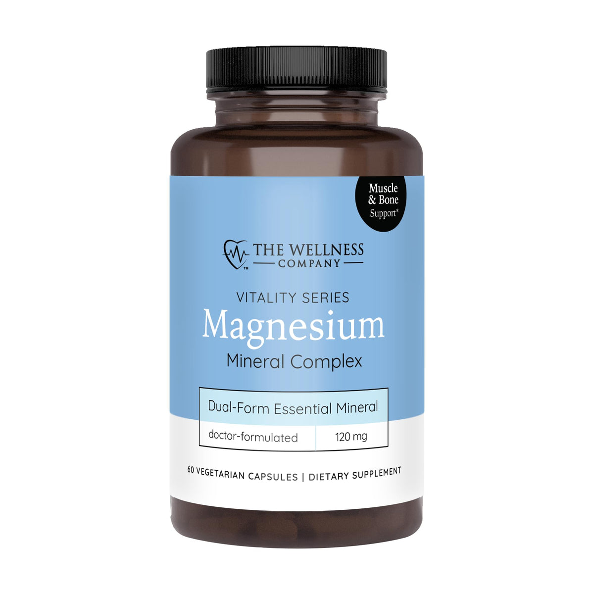 The Wellness Company Magnesium Glycinate Citrate: botella mostrando etiqueta clara para relajación muscular
