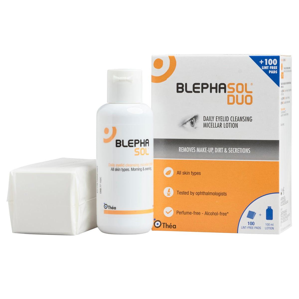 Blephasol Duo: botella para limpieza suave de ojos, ideal para uso diario.