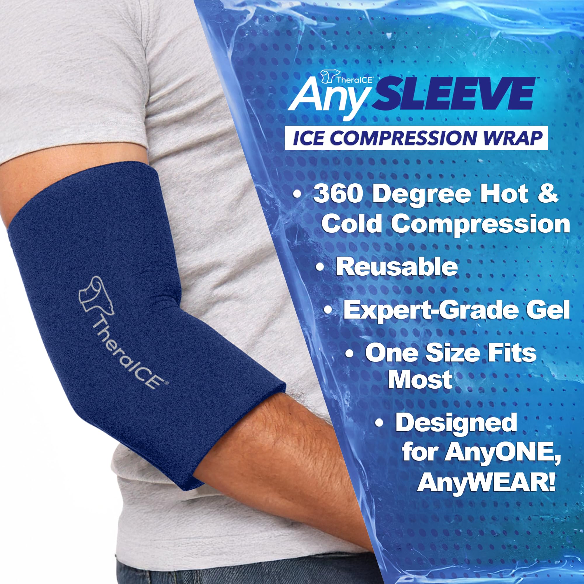 TheraICE AnySleeve para codo ofrece alivio dirigido y libertad de movimiento.