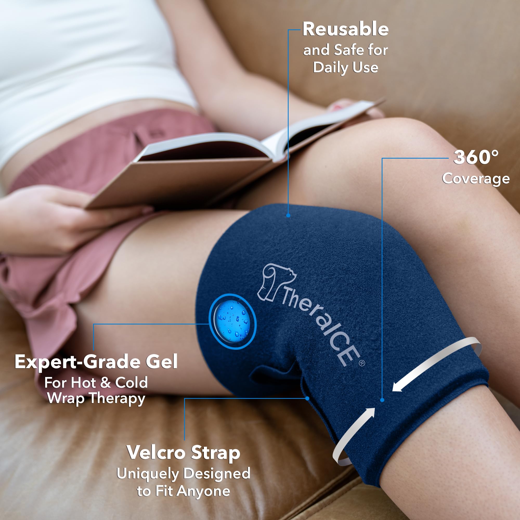TheraICE AnySleeve aplicada a la rodilla ofrece compresión localizada para soporte.