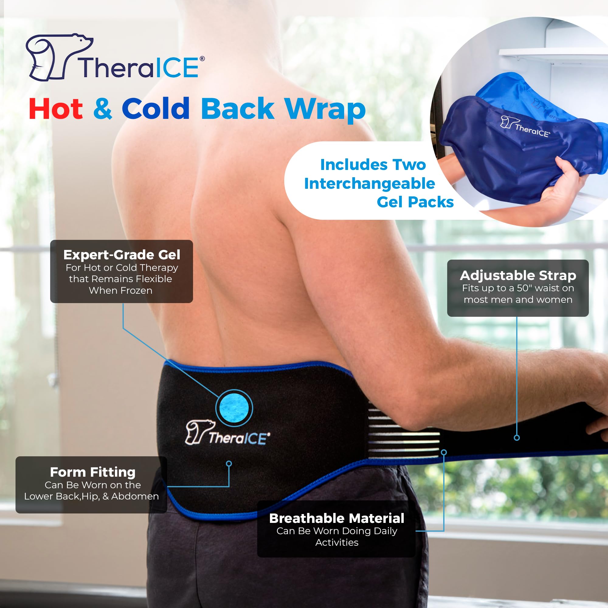TheraICE aplicación en espalda baja para comodidad diaria
