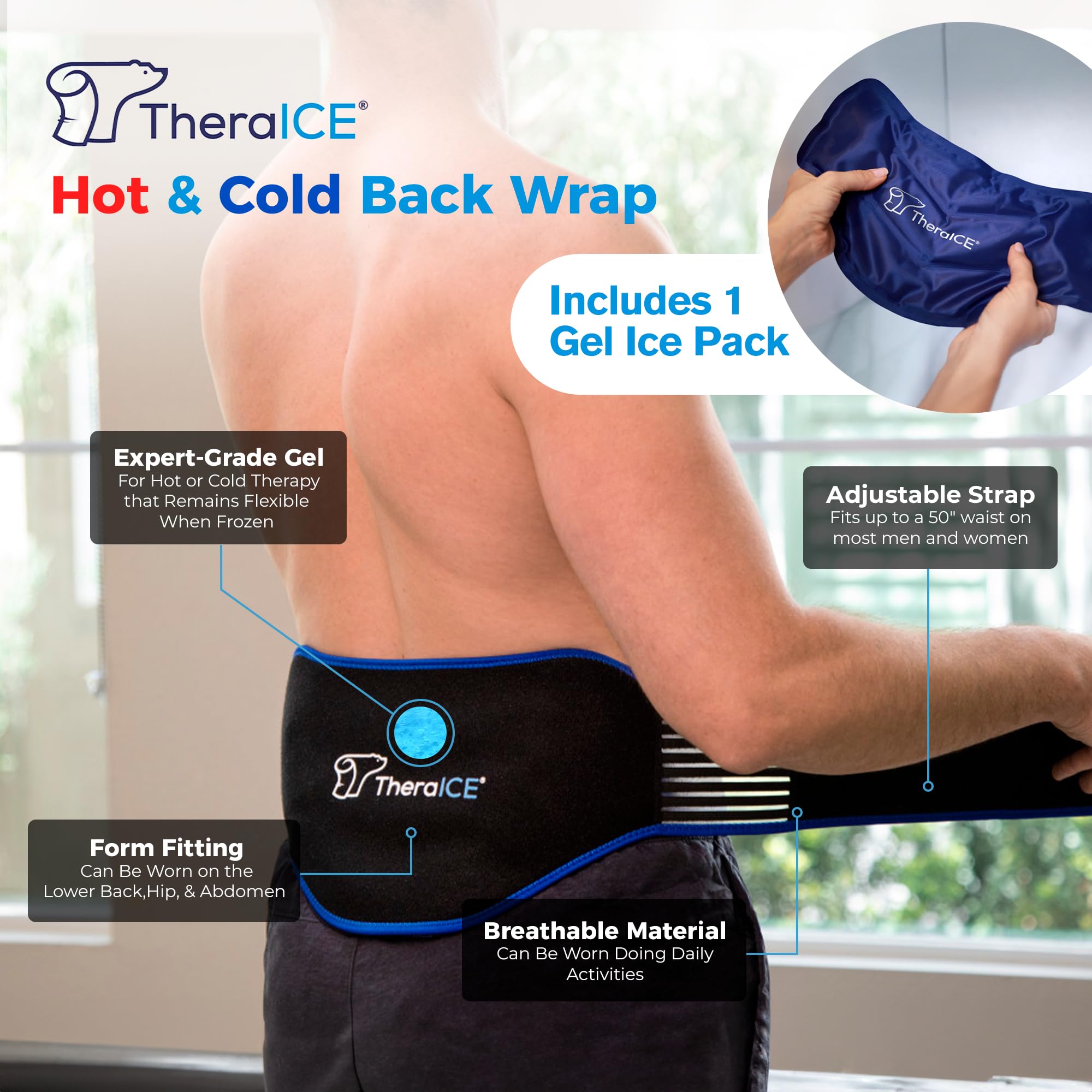 TheraICE banda espalda calor: terapia cálida para tensión lumbar y confort.
