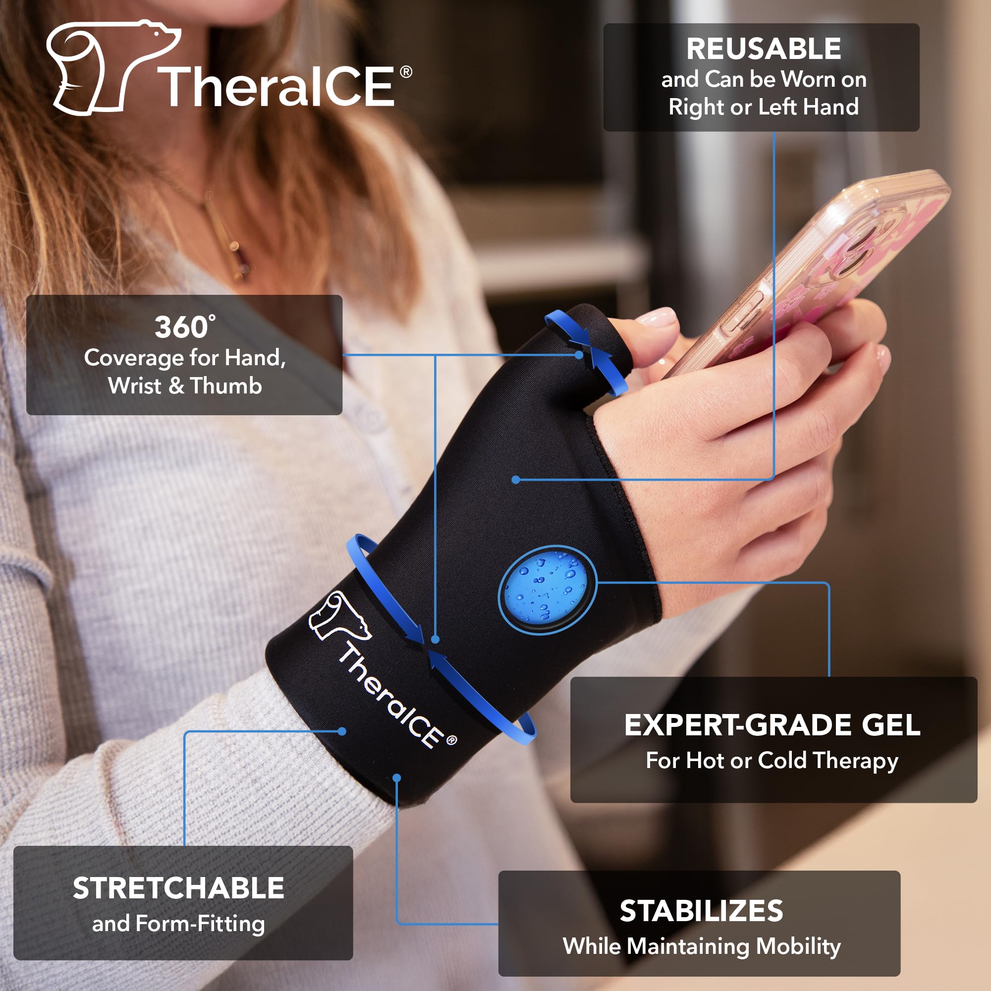 TheraICE guante gel reutilizable, adaptable a mano izquierda o derecha, alivio localizado.