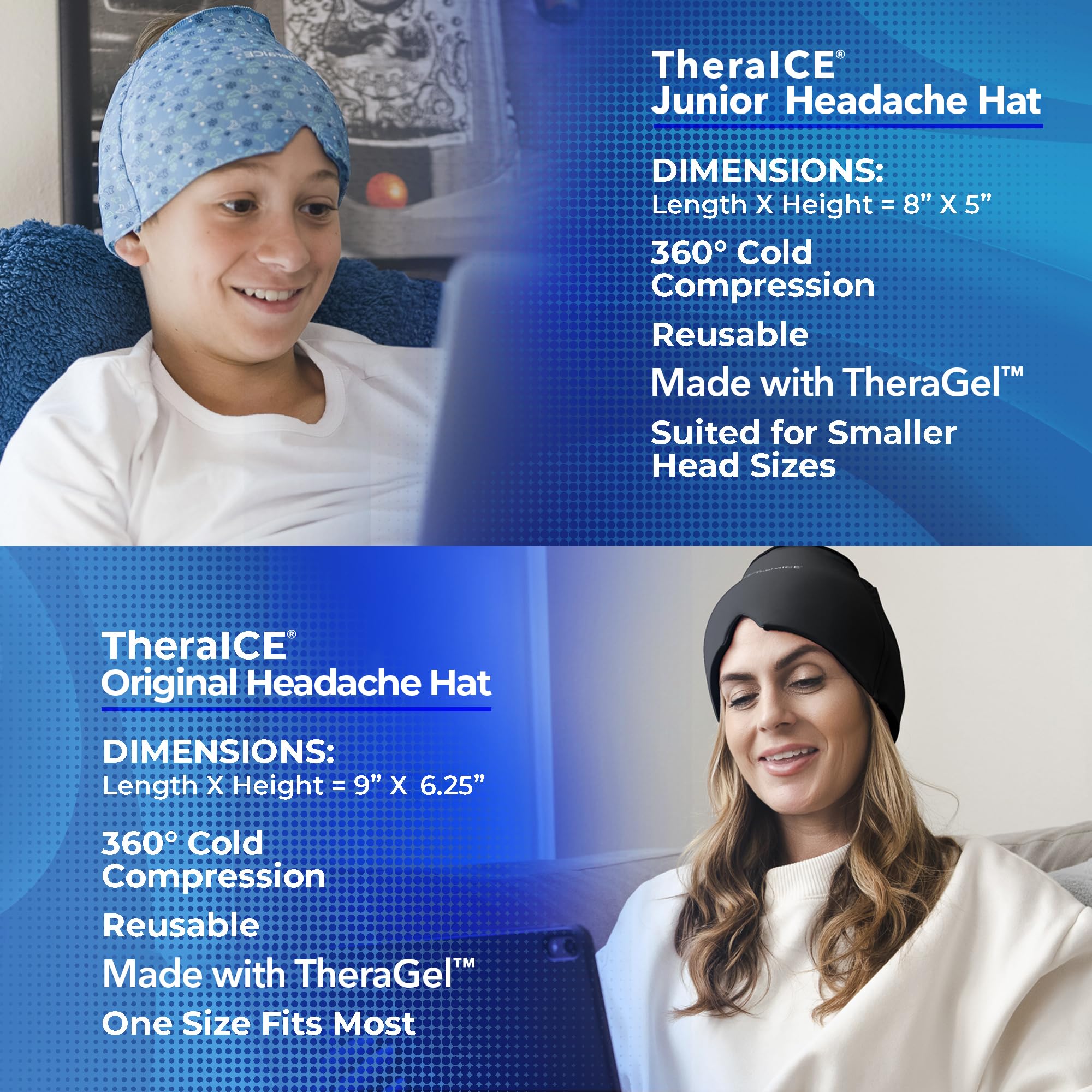 TheraICE Cap Junior, vista lateral, enfriamiento 360° para alivio focal