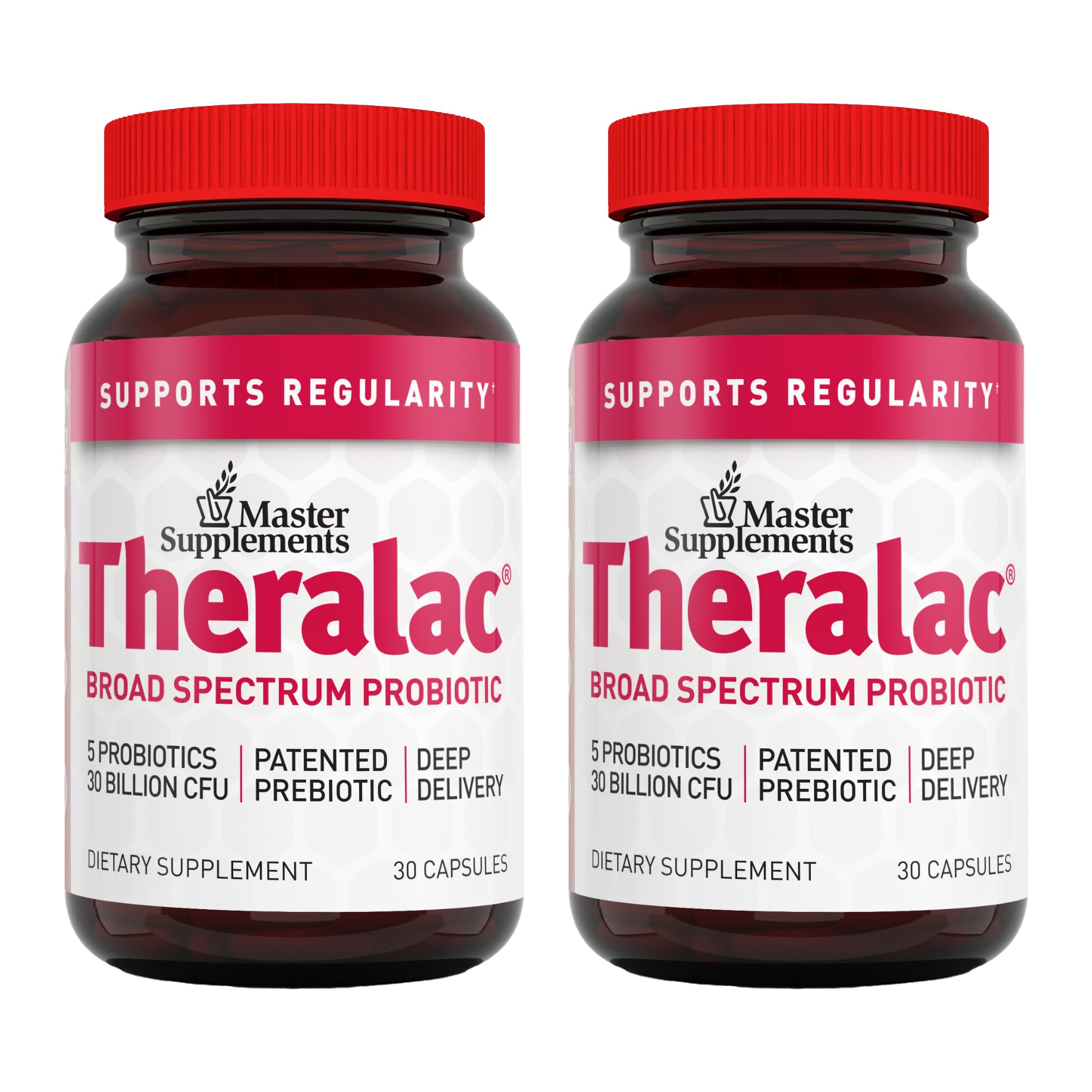 Theralac, bote de vidrio ámbar con cápsulas, apoyo a la salud intestinal.