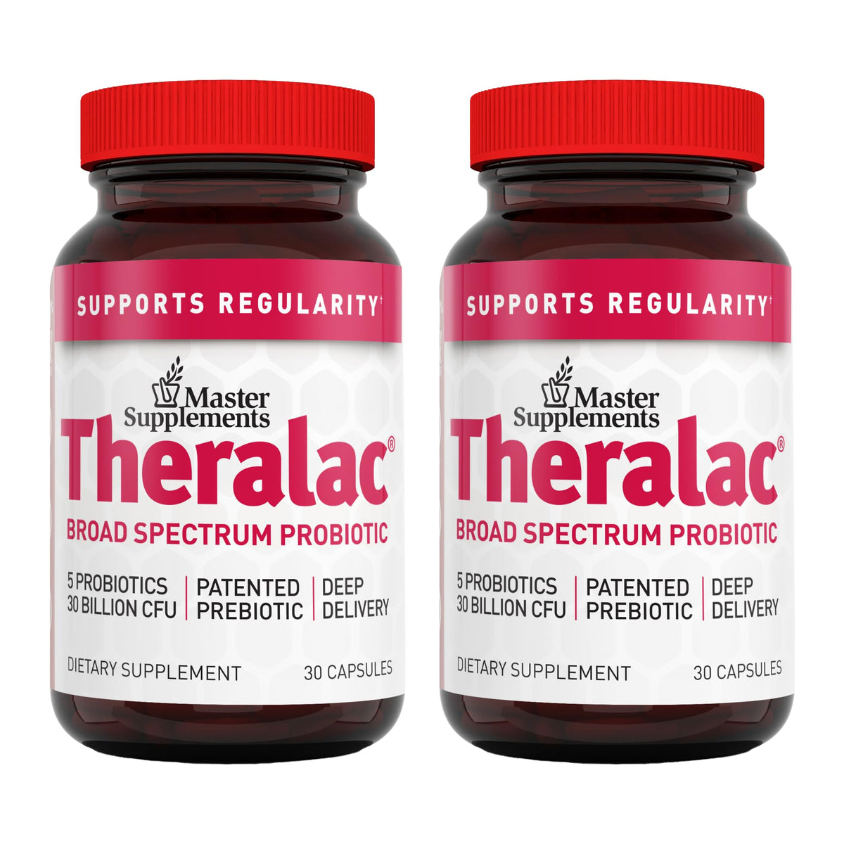 Theralac, bote de vidrio ámbar con cápsulas, apoyo a la salud intestinal.