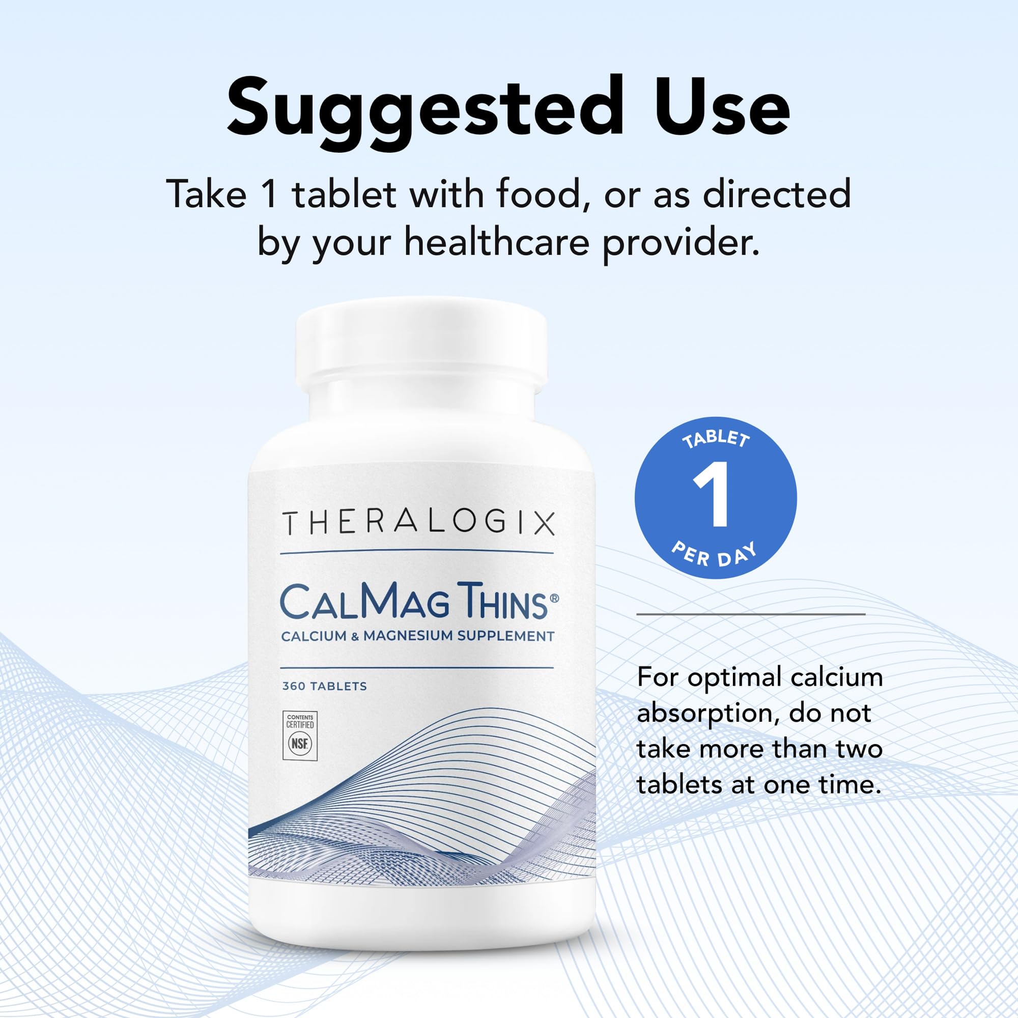 CalMag Thins en mano, dosis conveniente para apoyo diario de huesos.