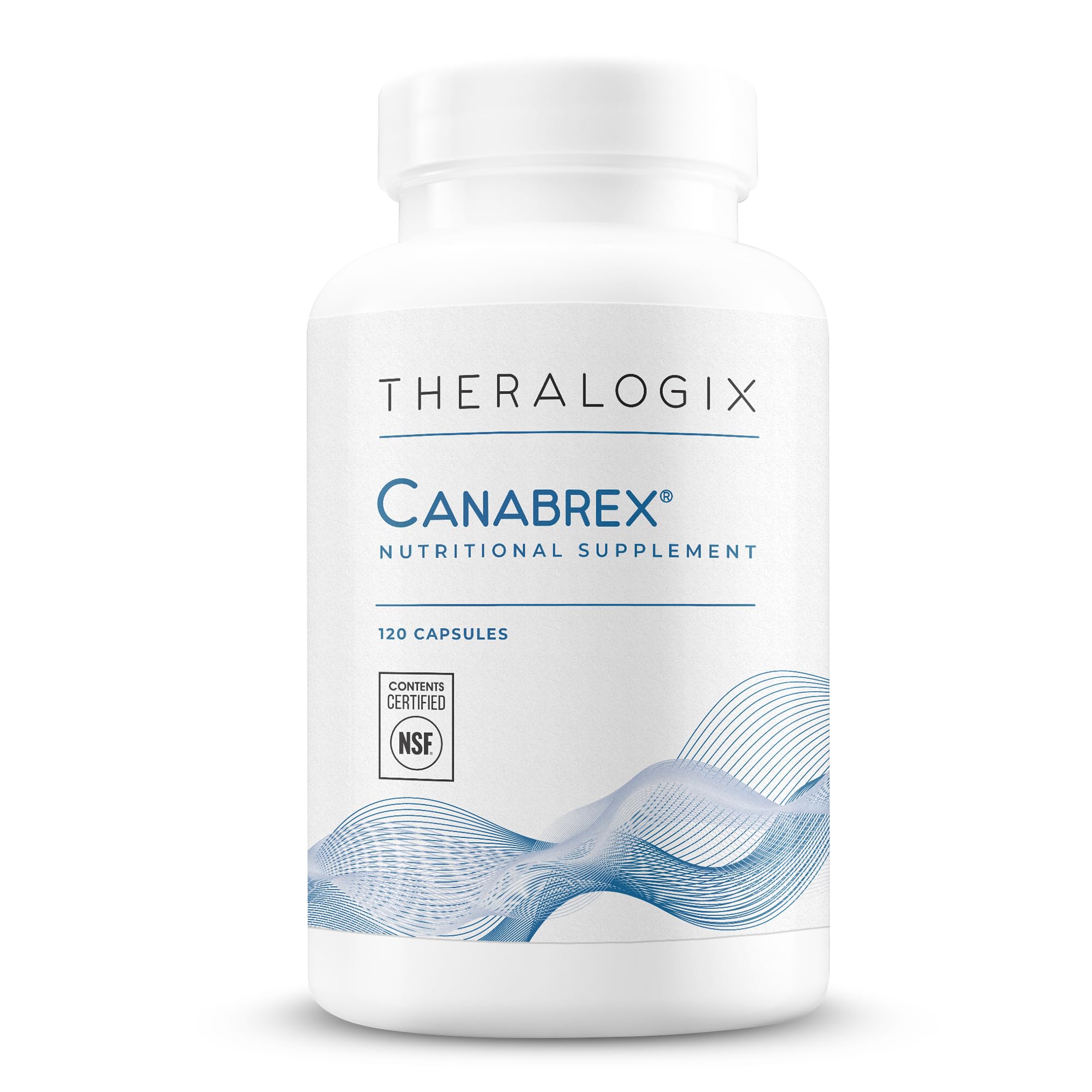Canabrex Theralogix cápsulas palmitoiletanolamida, vista de botella, apoyo a articulaciones y movilidad.