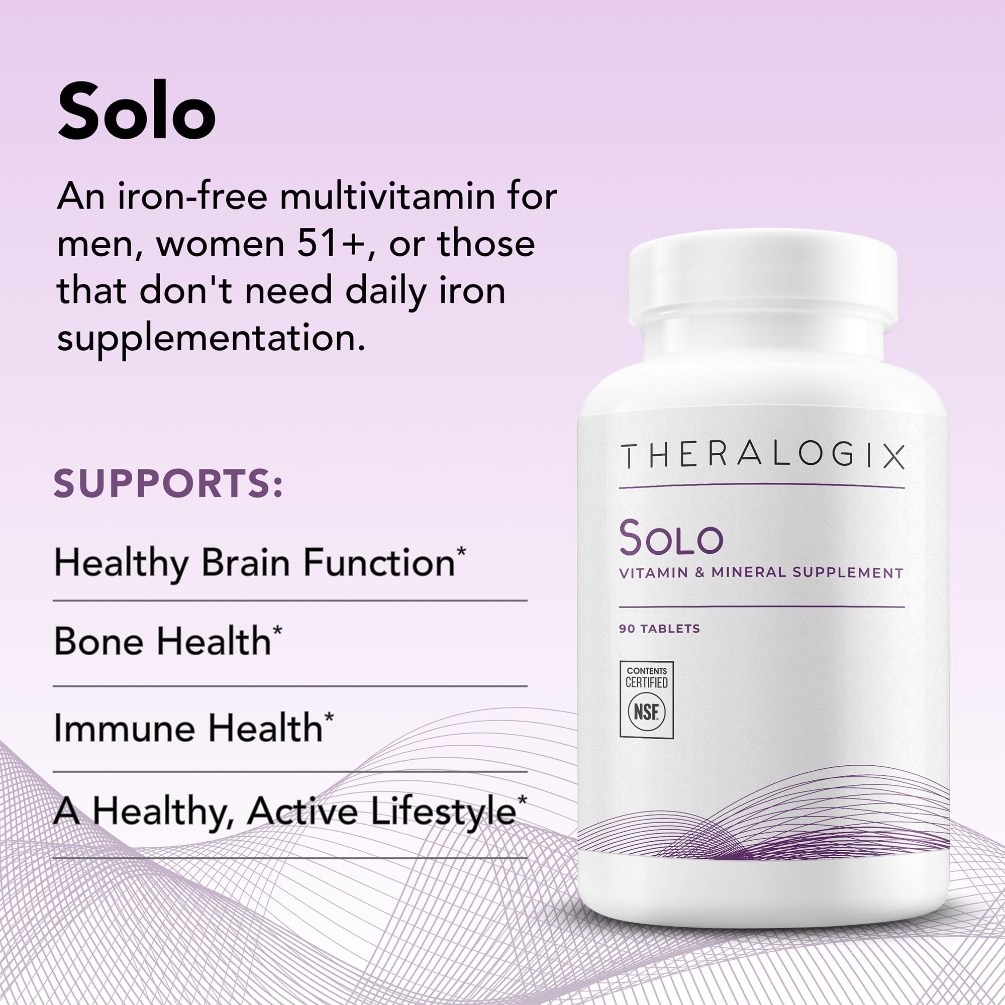 Theralogix Solo Multivitamínico, etiqueta frontal, describe vitaminas y minerales esenciales.