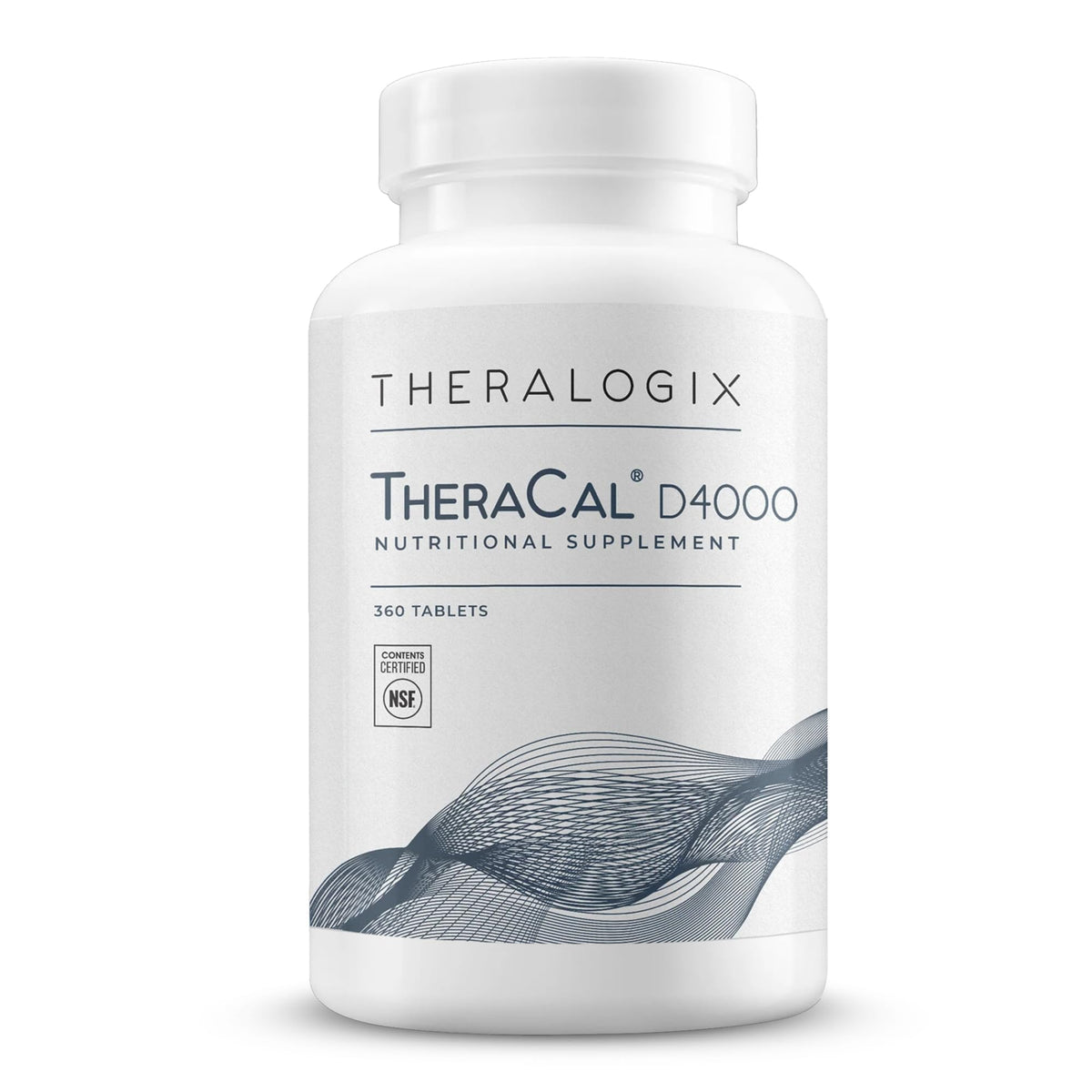 Theralogix TheraCal D4000, tabletas en botella, soporte para huesos y estilo de vida activo.