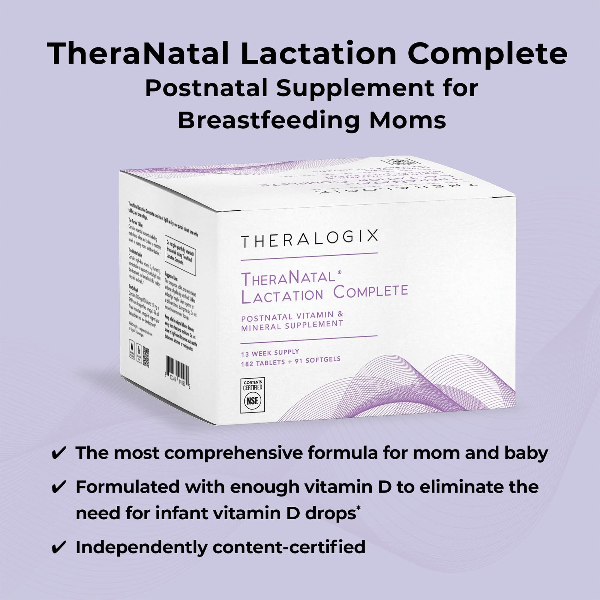 TheraNatal softgeles en botella; aporte de nutrientes clave para la lactancia.