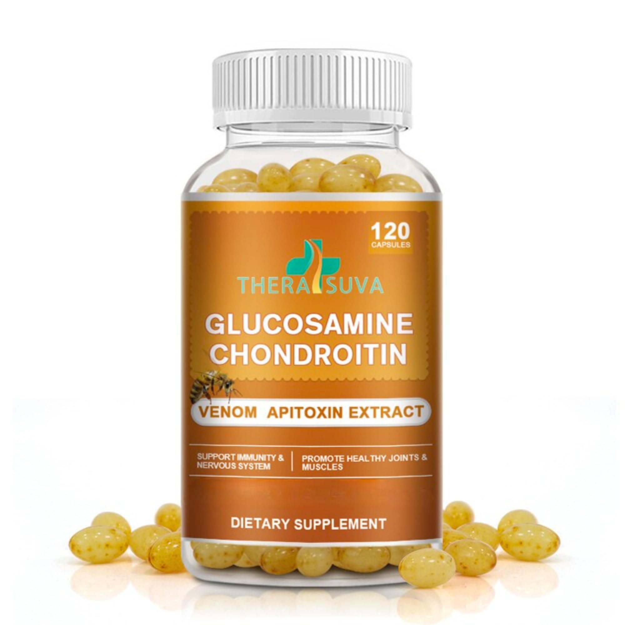 Botella de TheraSuva glucosamina condroitina, para apoyo diario de movilidad.