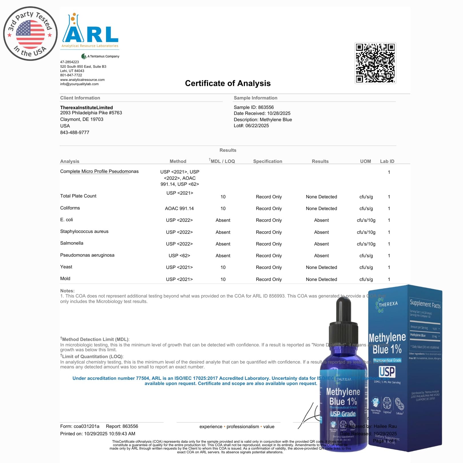 THEREXA Azul de Metileno, fórmula de dos ingredientes, producto limpio y vegano.