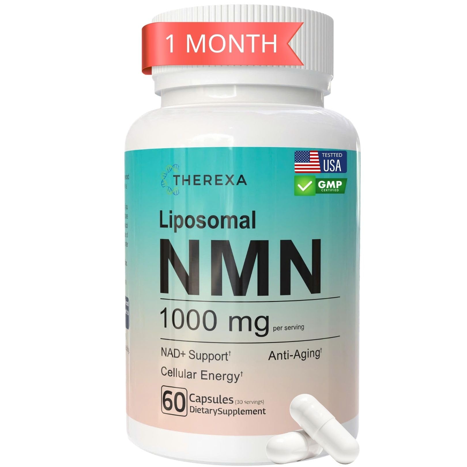 THEREXA NMN 1000mg: botella de suplemento liposomal lista para uso diario.