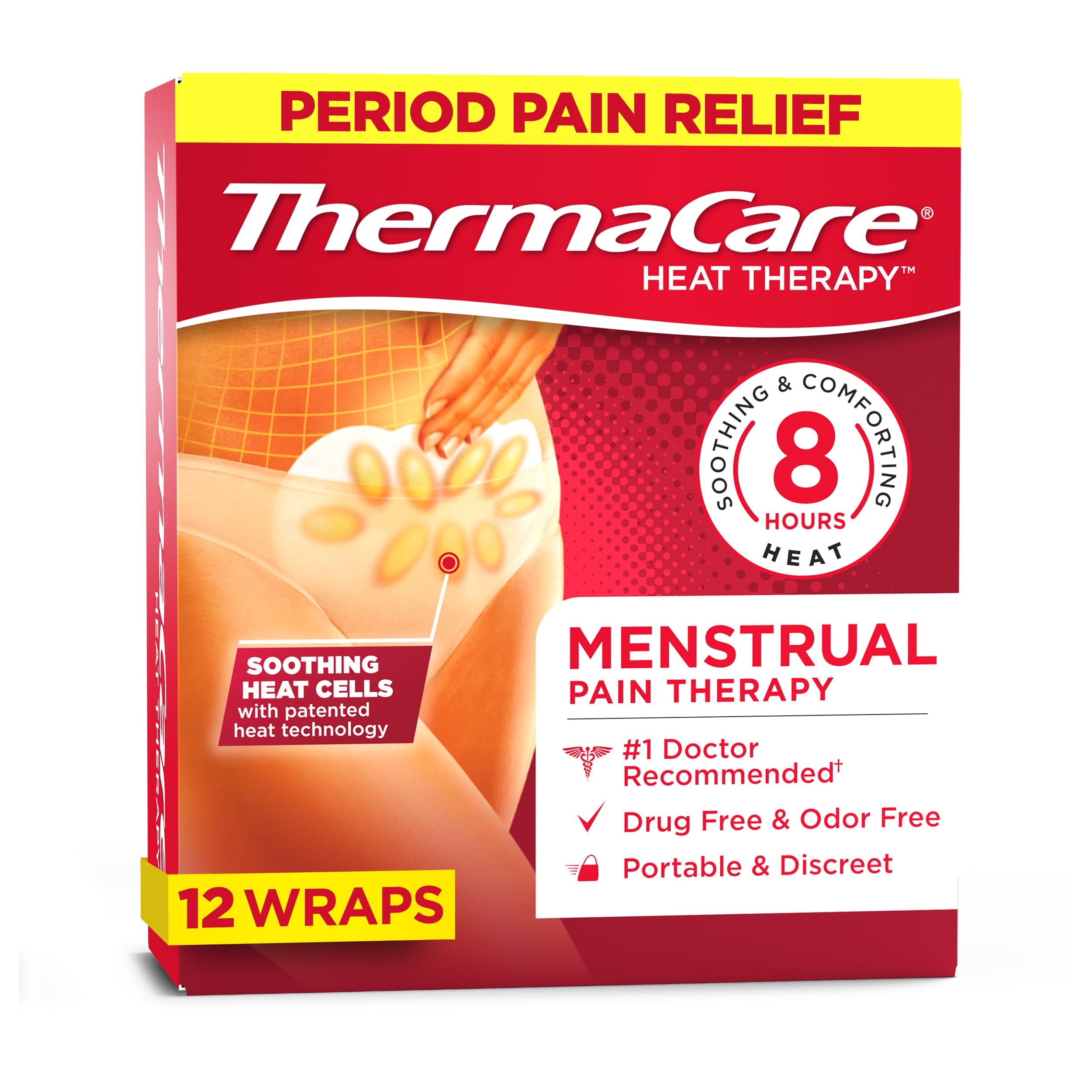 ThermaCare banda adhesiva caliente menstrual en uso diario, alivio localizado.
