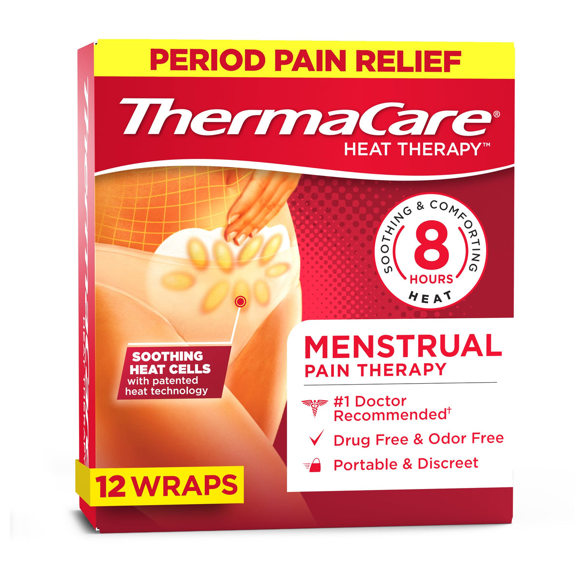 ThermaCare banda adhesiva caliente menstrual en uso diario, alivio localizado.