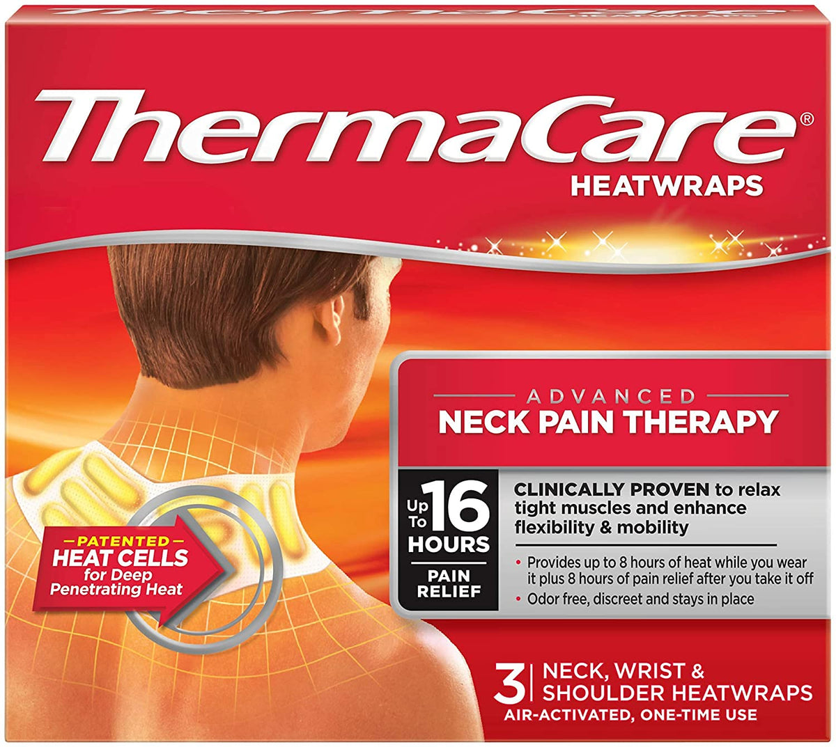 ThermaCare calentador para cuello, hombro y muñeca, ideal para uso diario.