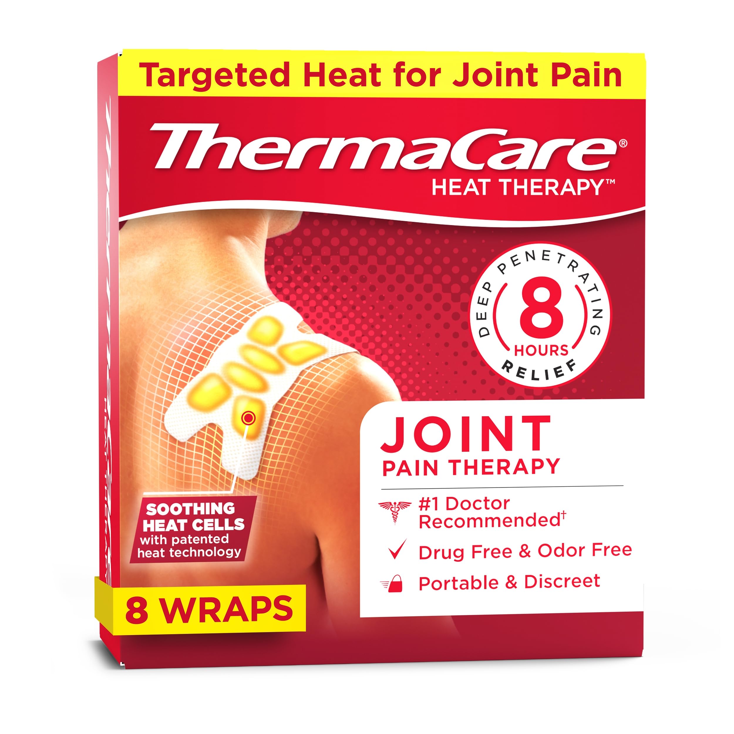 ThermaCare compresas térmicas portátiles adhesivas para alivio puntual en articulaciones.