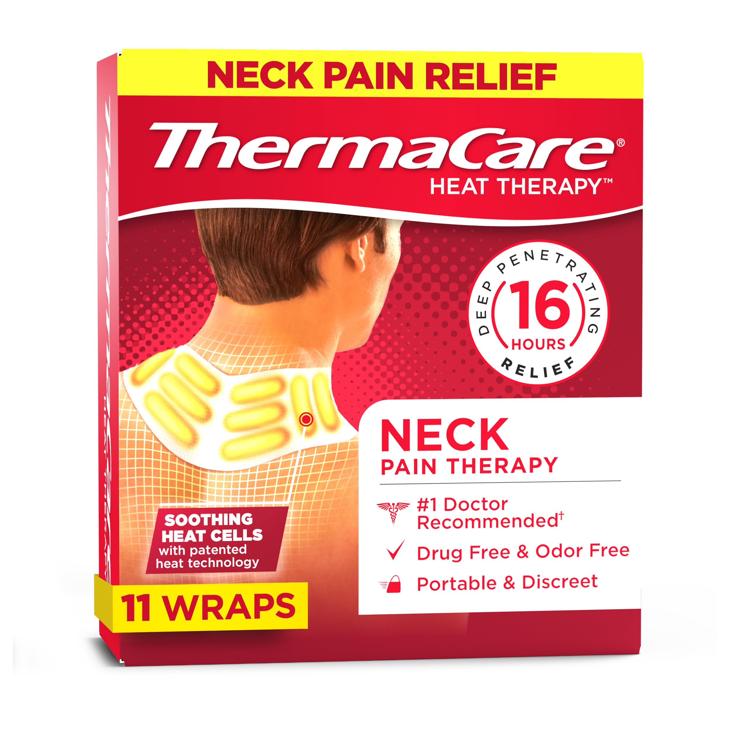 ThermaCare parche termico en cuello y hombro con adhesivo para alivio puntual.