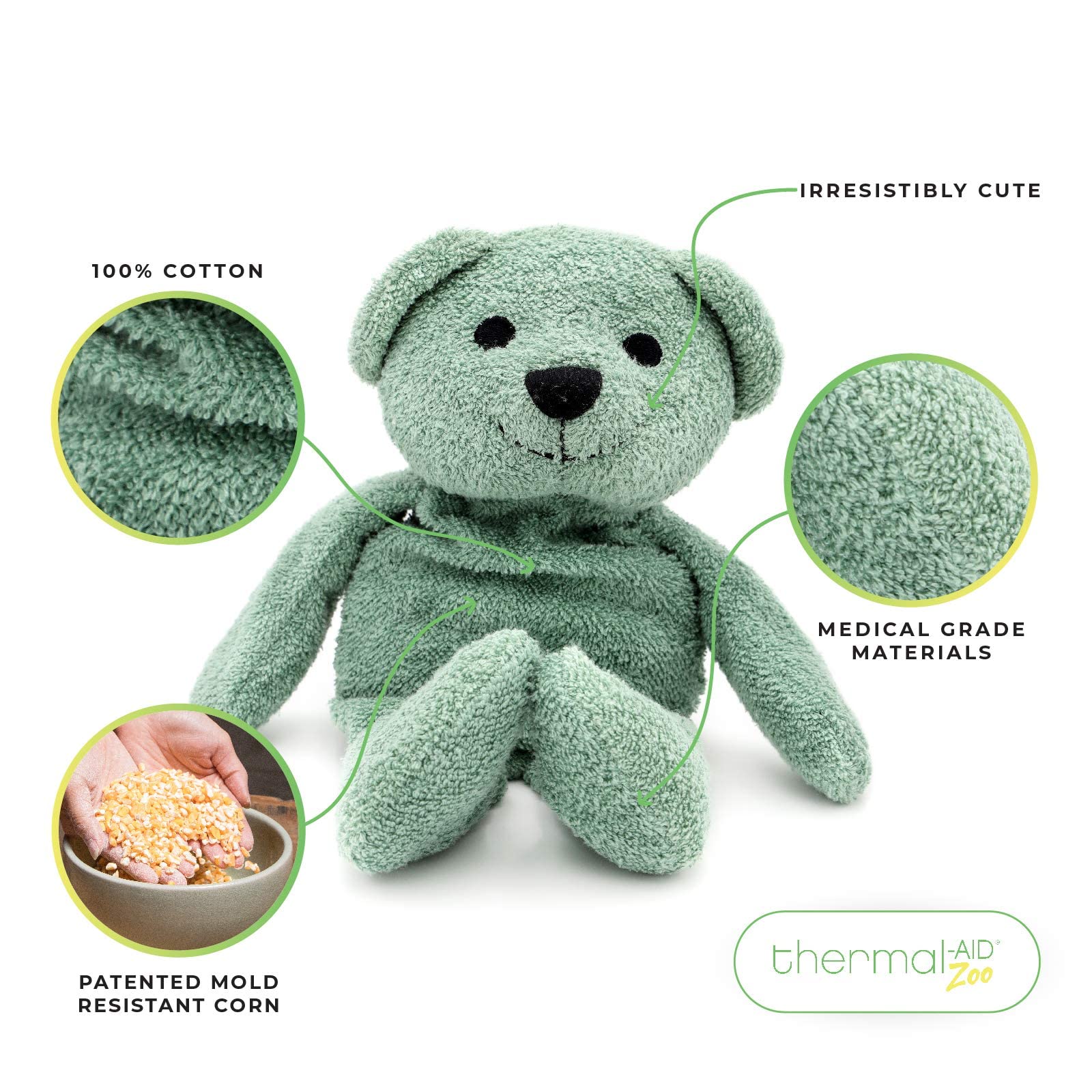 Thermal-Aid Oso Verde perfil como pack frío para alivio refrescante en casa.
