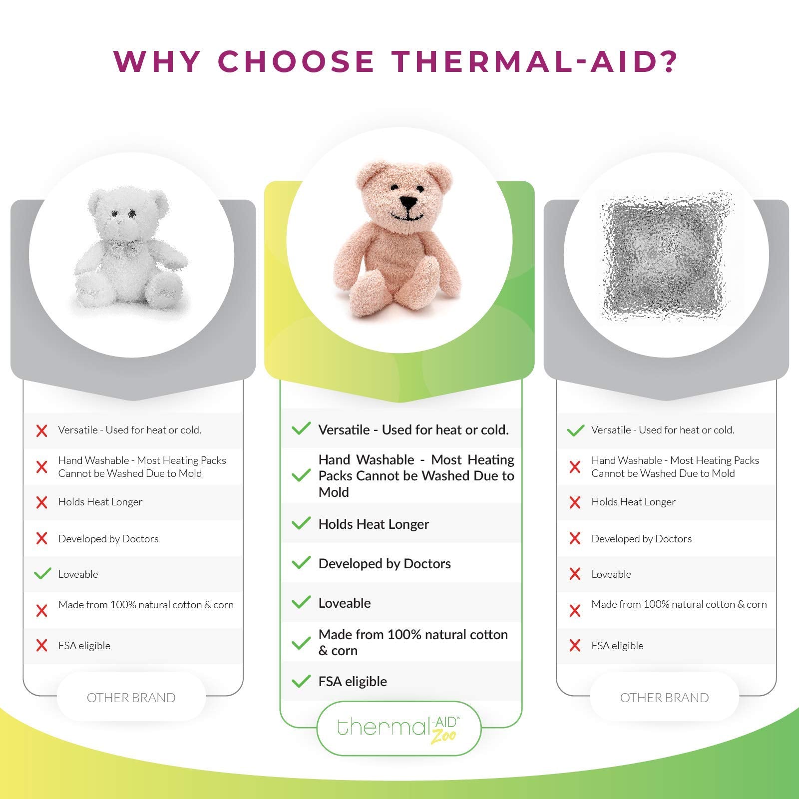 Thermal-Aid Zoo Mini Bella: oso rosa, detalle de costuras, relleno suave para confort.