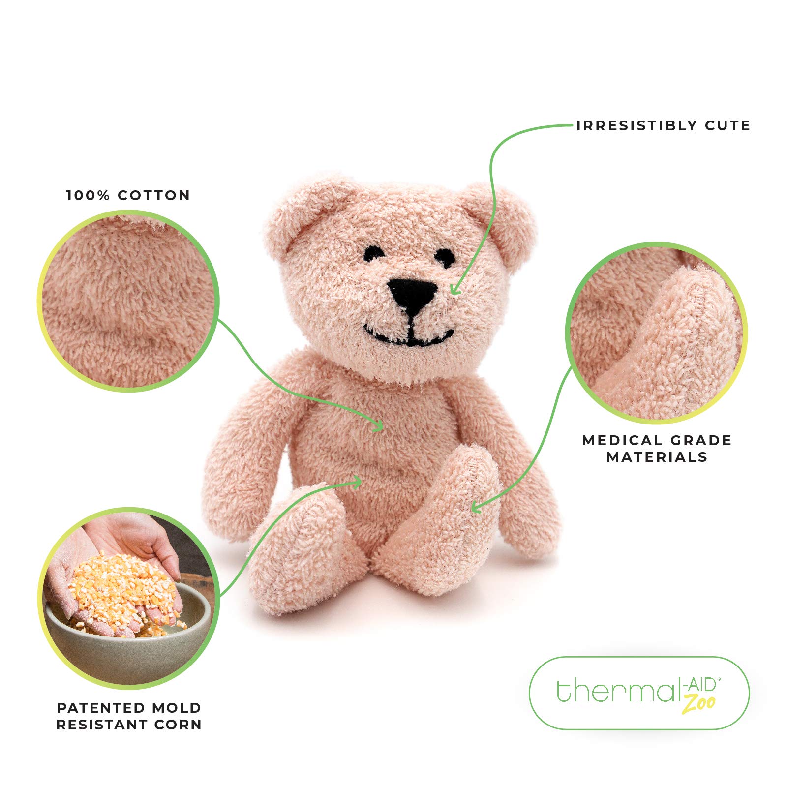 Thermal-Aid Zoo Mini Bella: oso rosa, vista trasera, peluche suave para juego nocturno.